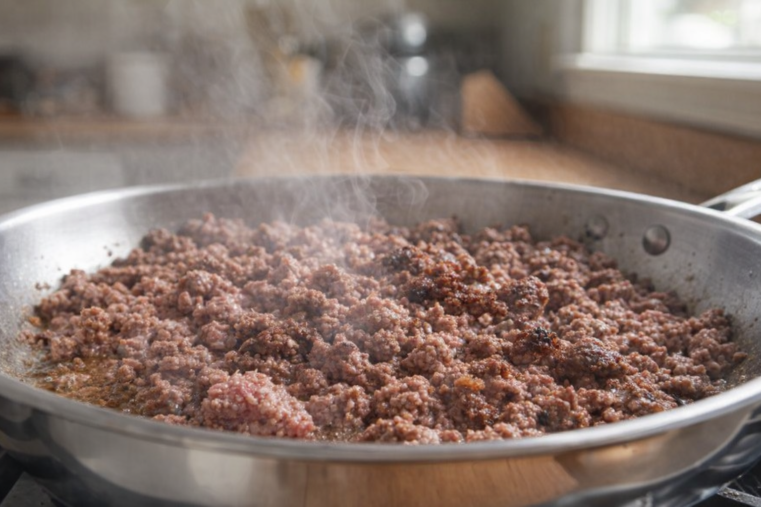 An eye-level shot of ground beef browning in a stainless steel skillet, steam rising, close up shot, bright kitchen light